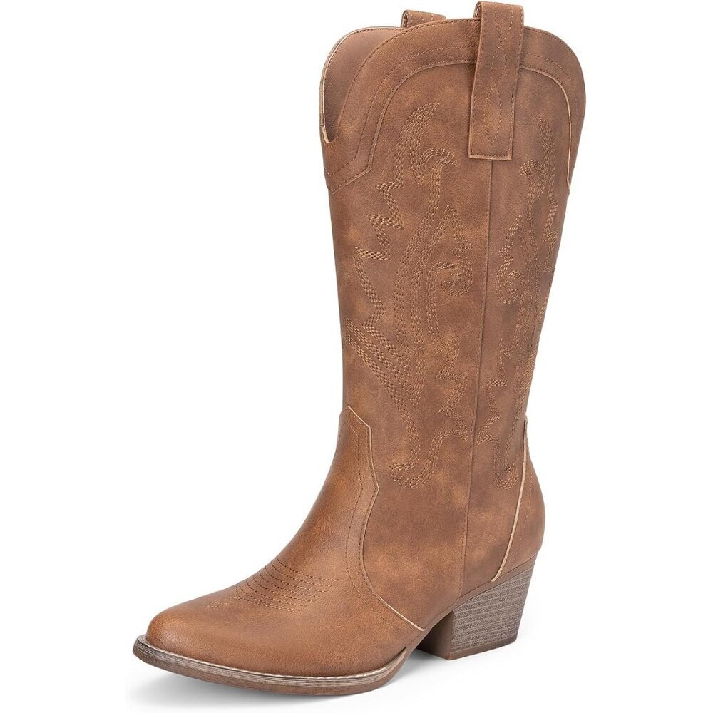 Women's Brown Mid Calf Cowgirl Boots Point Toe Chunky Embroidery Stitched Boots